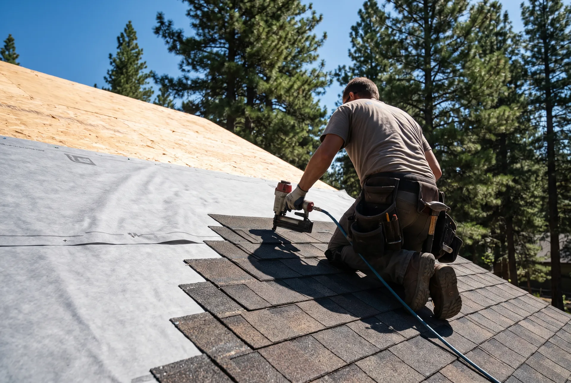 Roofer nailing Class 4 impact-resistant architectural shingles on a roof with synthetic underlayment showing