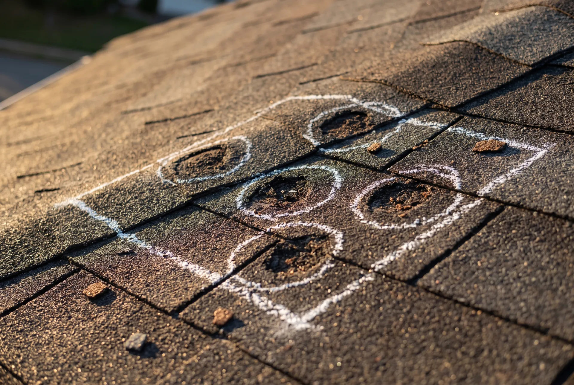 Close-up of hail bruises and granule loss on an asphalt shingle roof with chalk circles marking the hits