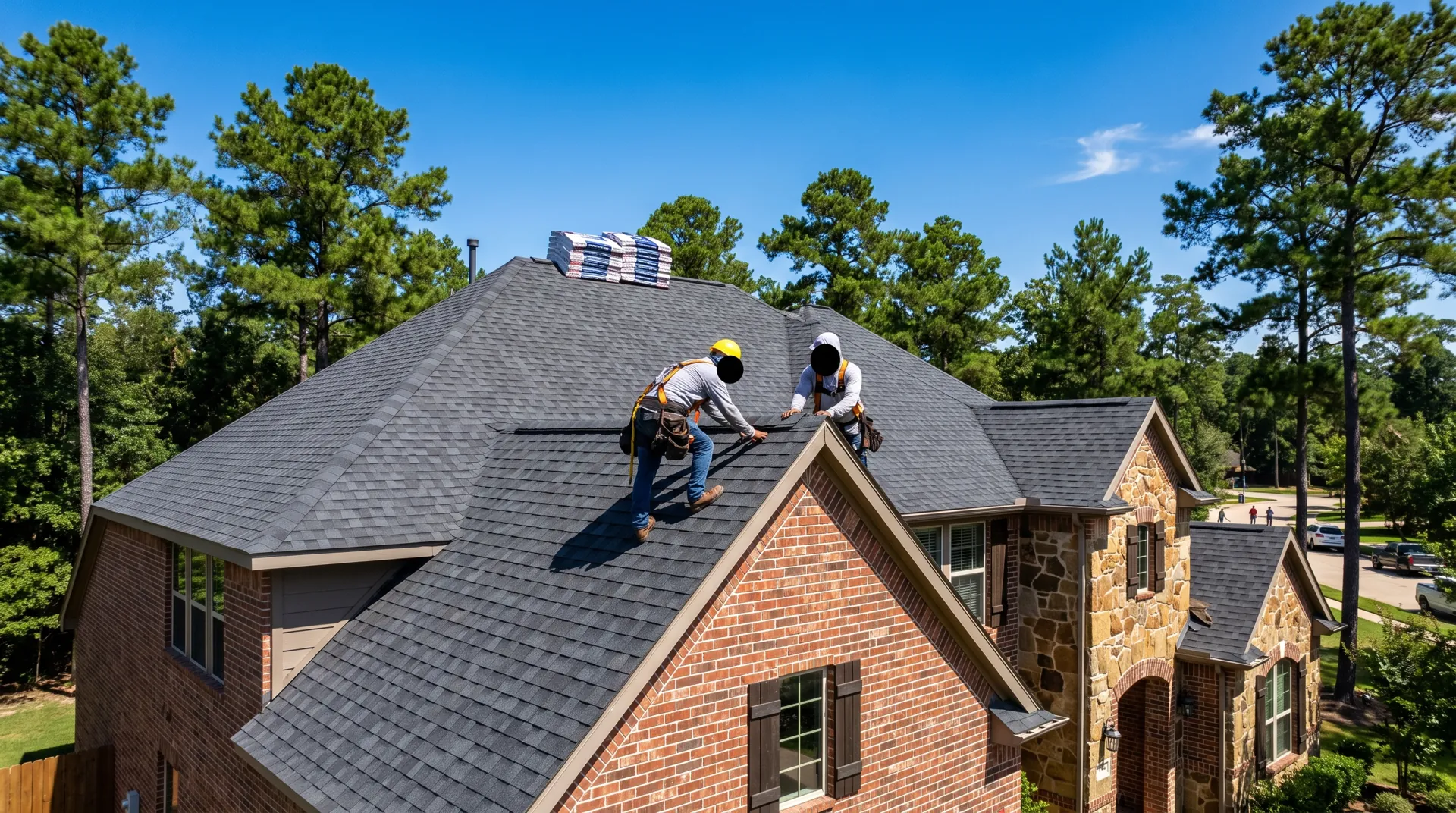 Roofers finishing a new charcoal architectural shingle roof on a two-story brick home under tall loblolly pines in Conroe, TX