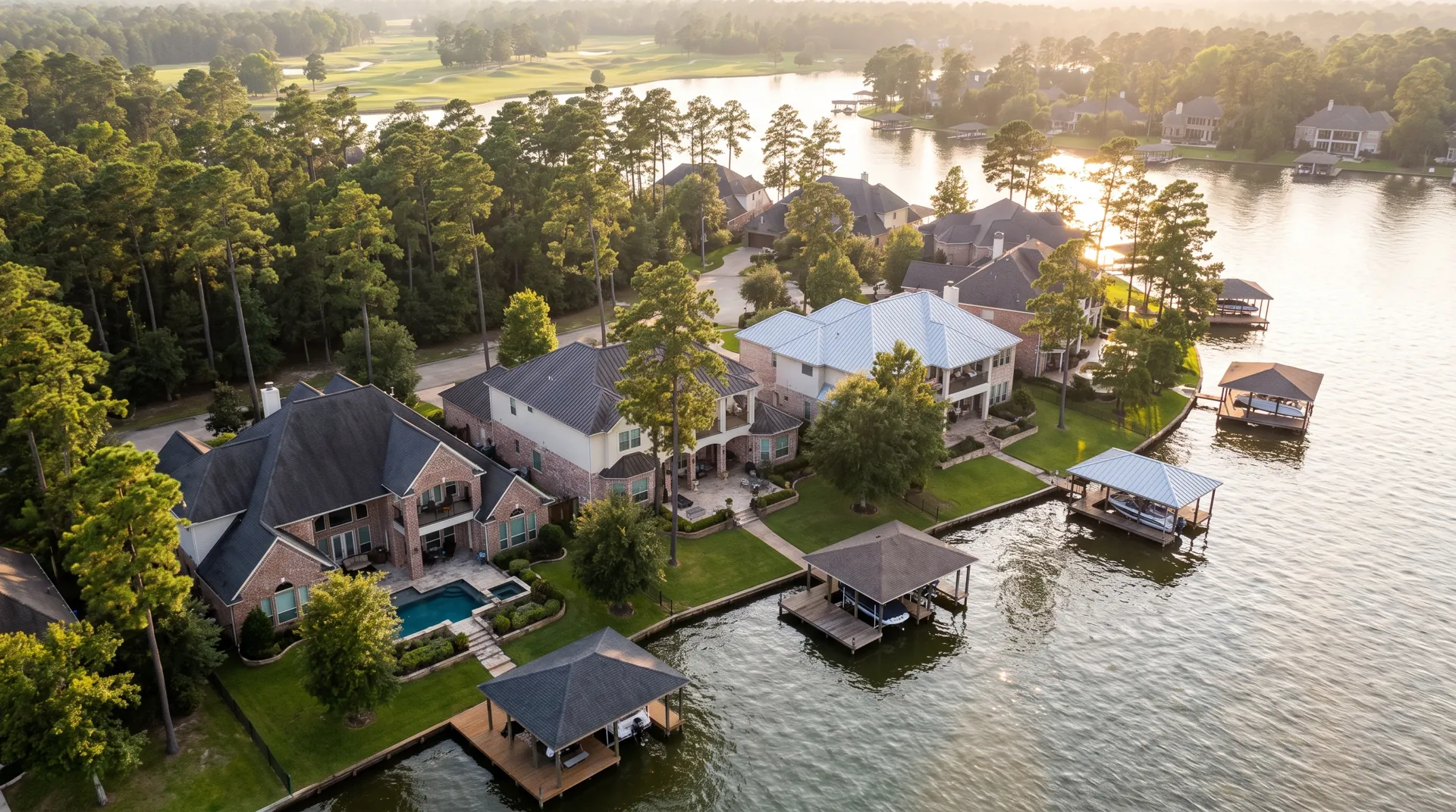 Aerial view of Lake Conroe waterfront homes with shingle and metal roofs among pine trees and boat docks