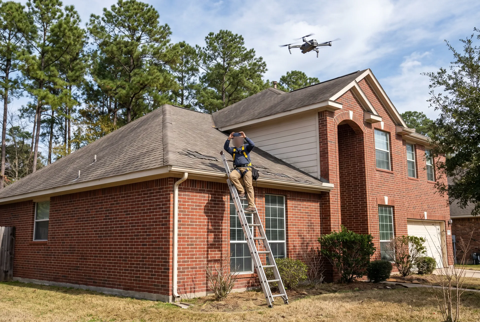 Inspector on a ladder at the eave of a brick home photographing shingles, with a drone hovering above the roof