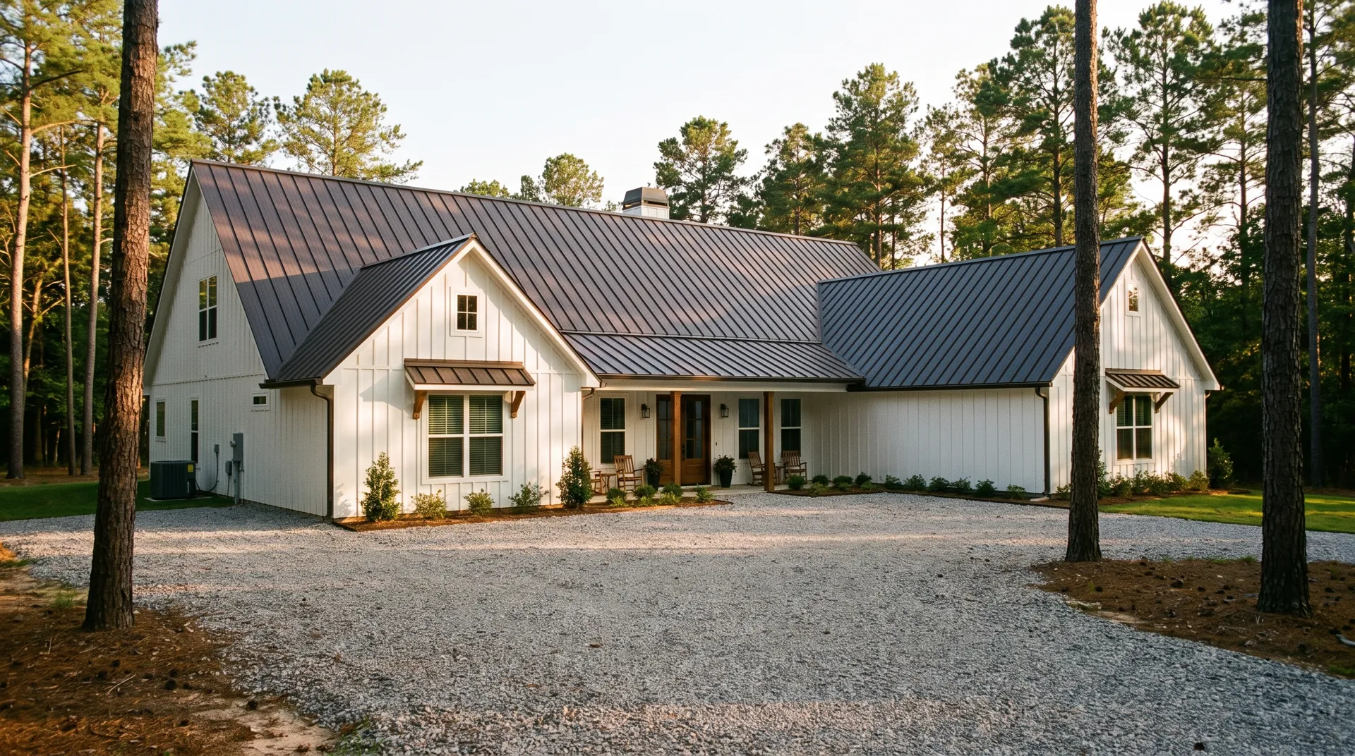 New standing-seam metal roof in dark bronze on a farmhouse-style home on a wooded acreage lot near Lake Conroe