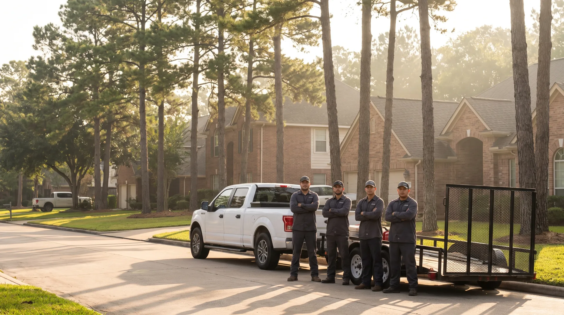 The Conroe Roof Works crew in front of their truck and trailer